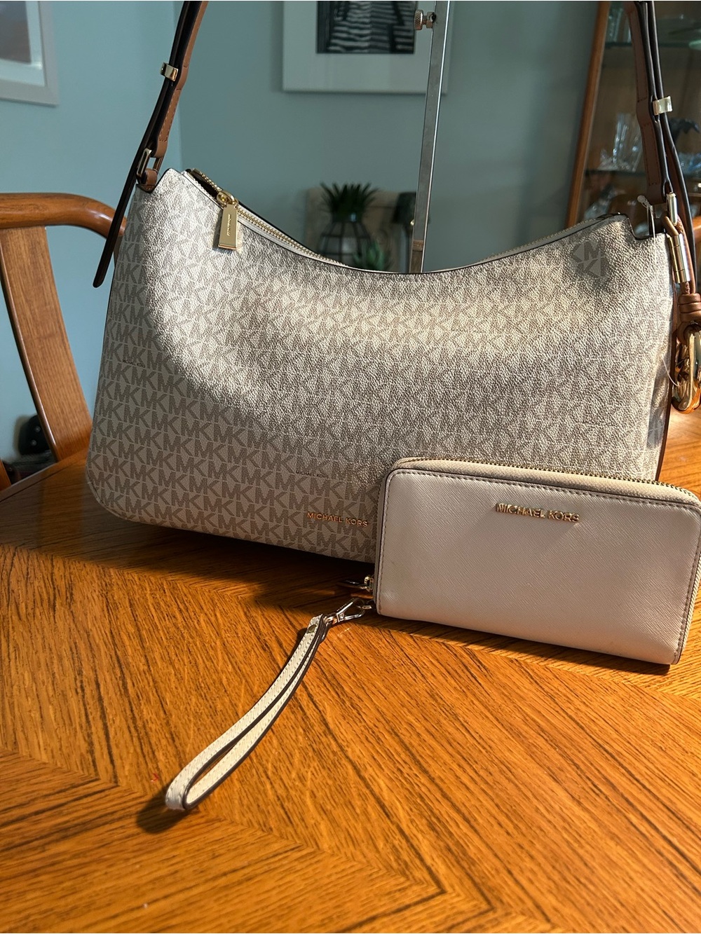 New Nolita Michael Kors Cream Logo Shoulder Bag with Matching Wallet